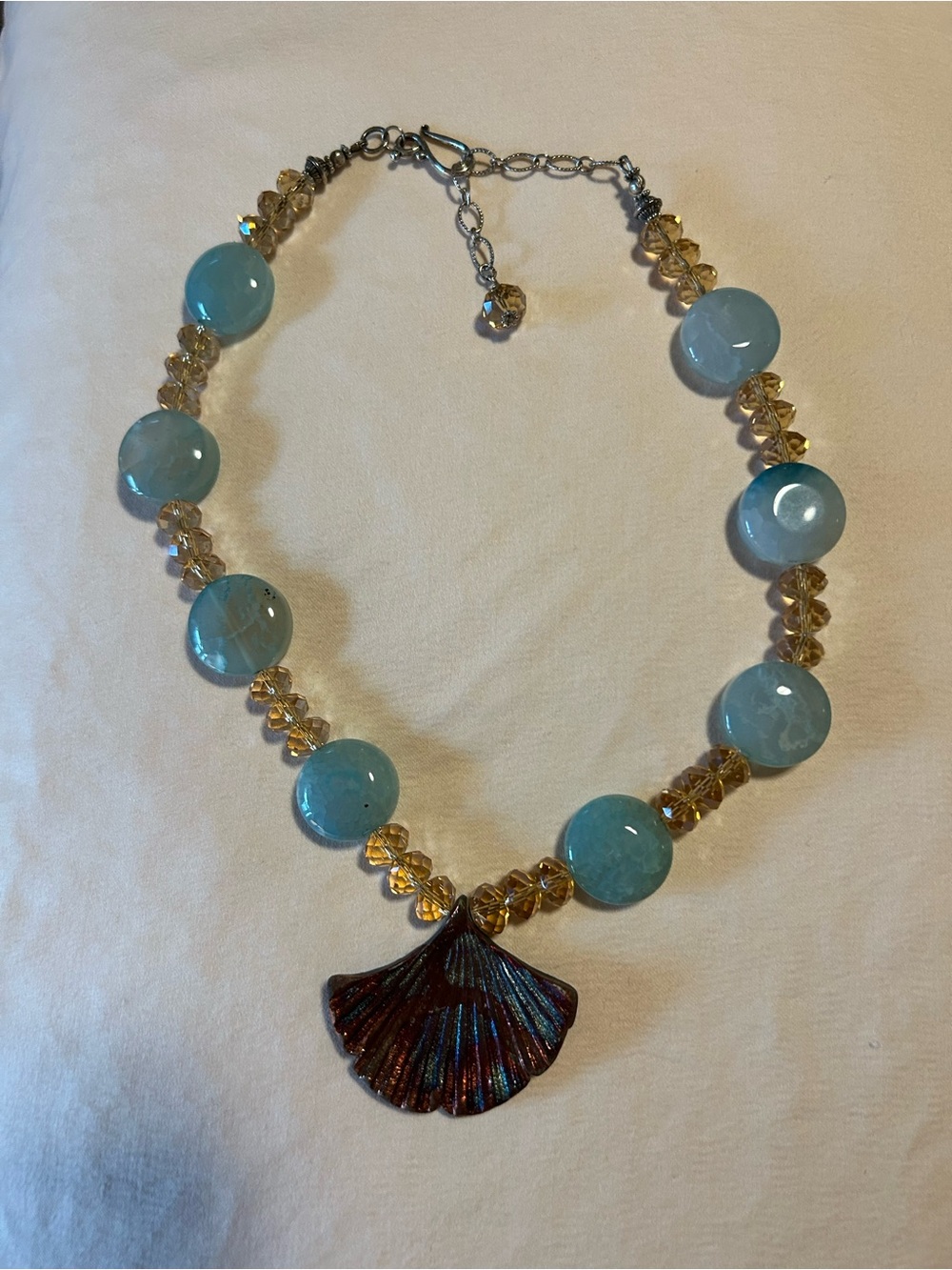 Blue and Gold Beaded Raku Ginkgo Pendant Necklace